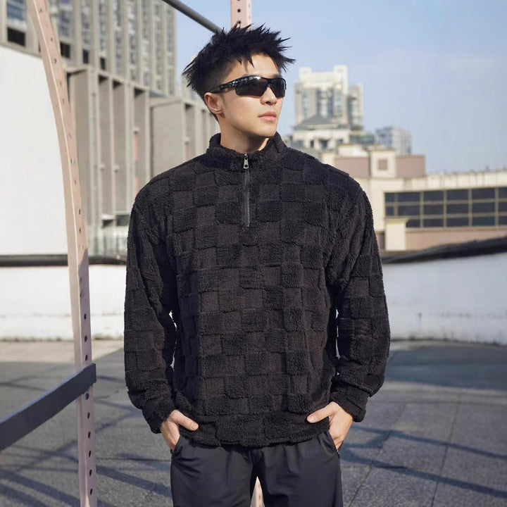 Men's fleece pullover with textured surface structure and standing collar Lisslune