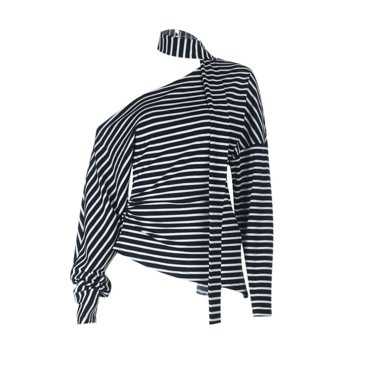 Women's asymmetrical long sleeve shirt with fashionable stripes and halter neck Lune London