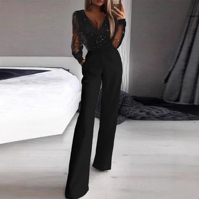 Women Elegant Jumpsuit with Transparent Blouse and Shimmering Accents Lisslune