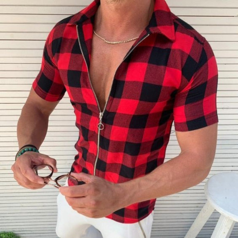 Men's short-sleeve shirt with modern check pattern and casual zipper Lisslune