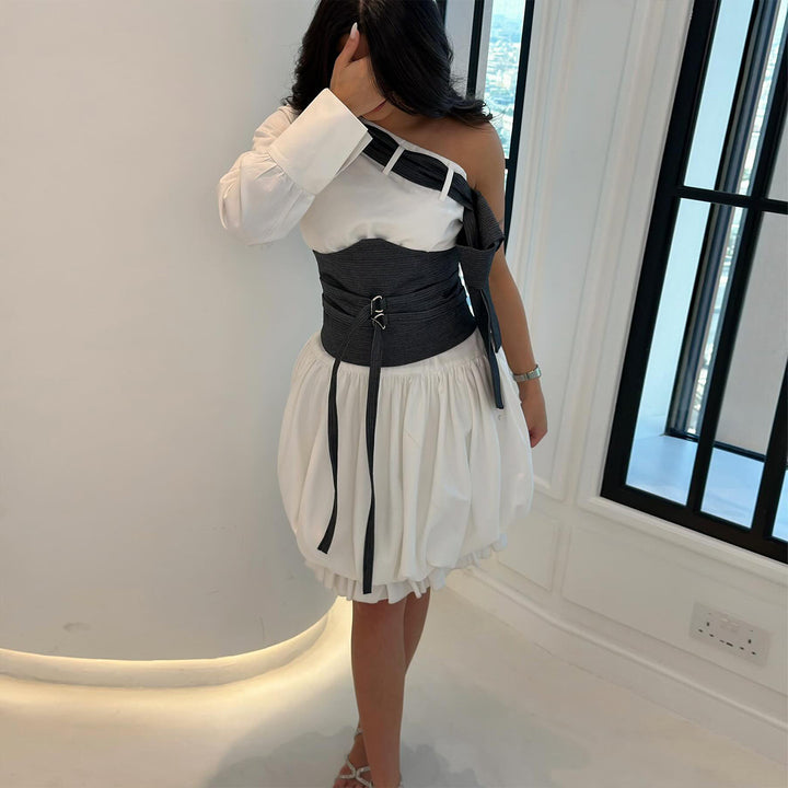Women's Off-Shoulder Dress with Innovative Waist Bodice and Voluminous Skirt