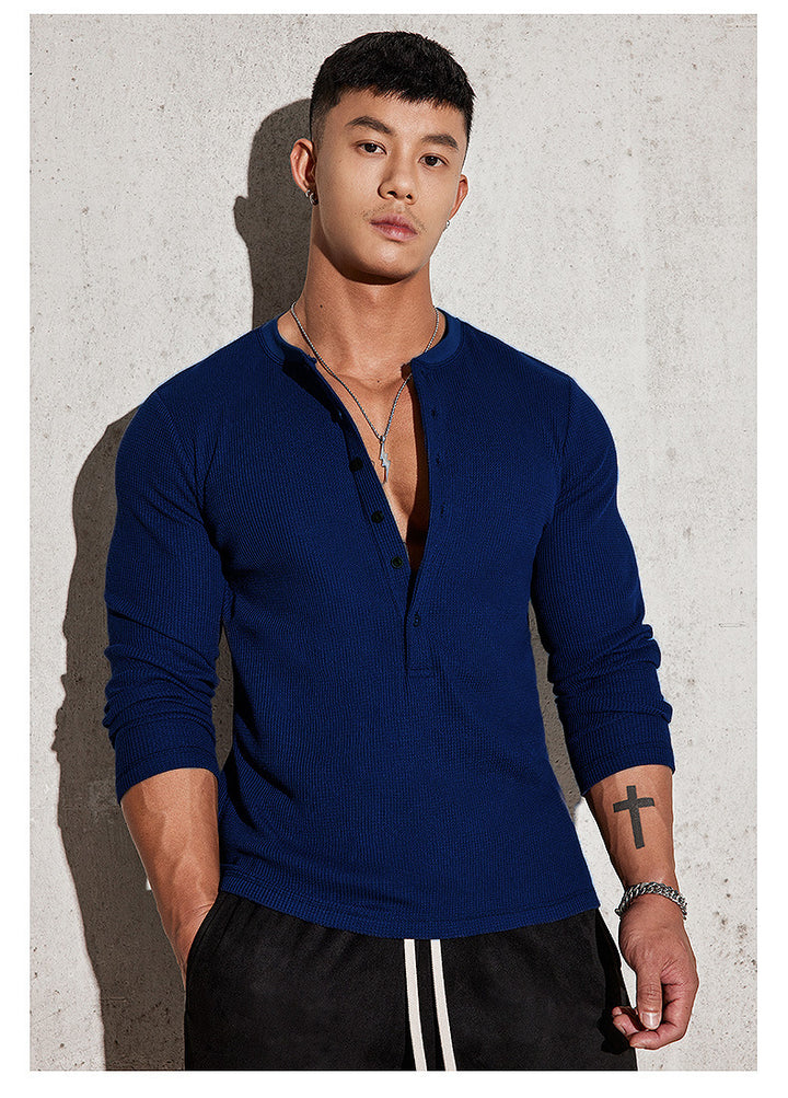 Men's Long Sleeve Henley Shirt with Textured Design Lisslune