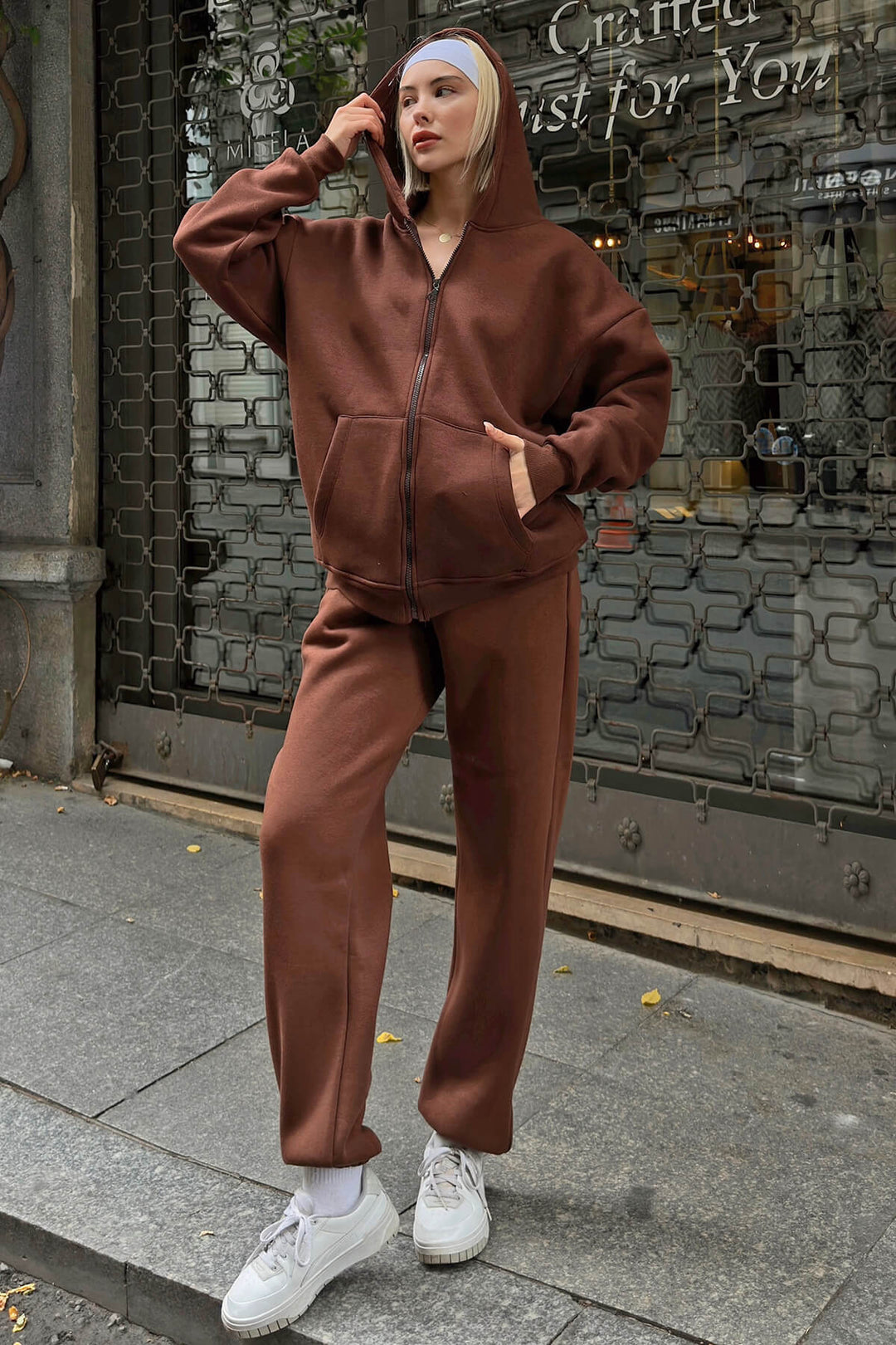 Ladies sporty fleece set with hood and wide pants Lisslune