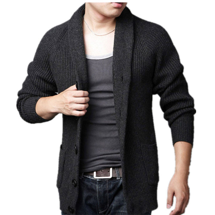 Men's chunky knit cardigan with shawl collar and practical pockets Lisslune