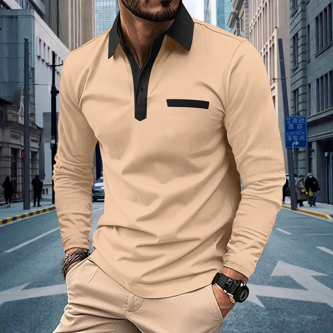 Men's long sleeve polo shirt with modern stand-up collar and sophisticated contrast design Lisslune