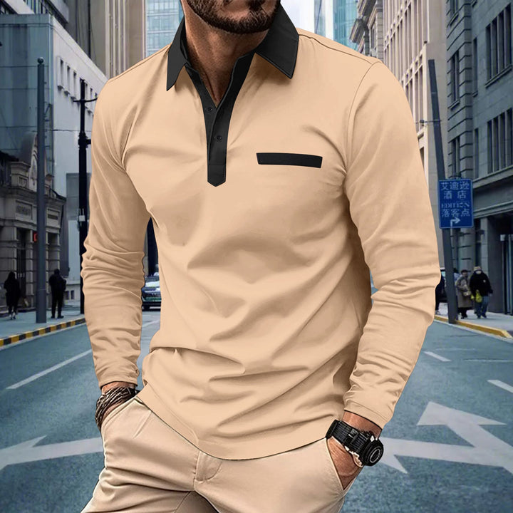 Men's long sleeve polo shirt with modern stand-up collar and sophisticated contrast design Lisslune