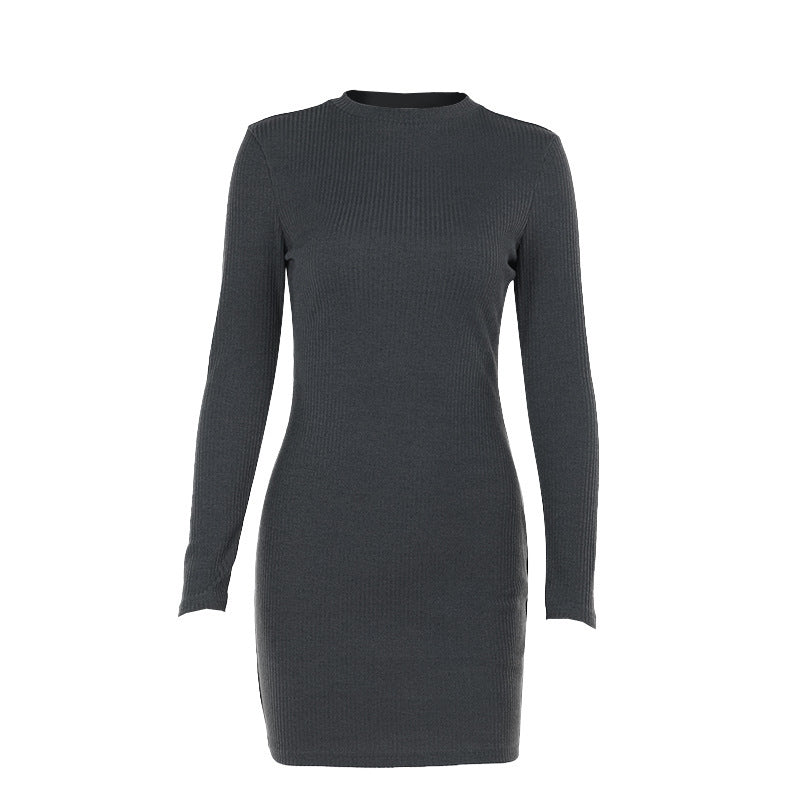 Women's fitted knitted dress with long sleeves and elegant stand-up collar