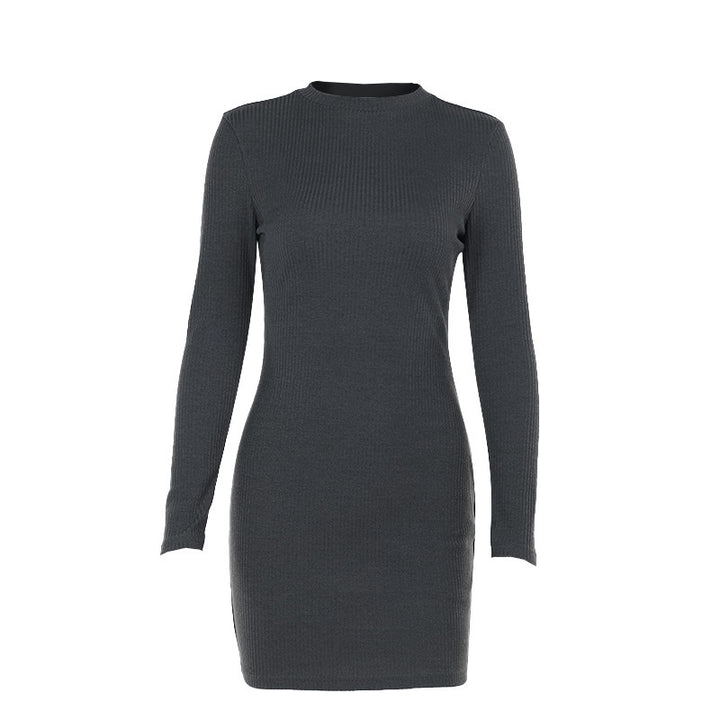 Women's fitted knitted dress with long sleeves and elegant stand-up collar
