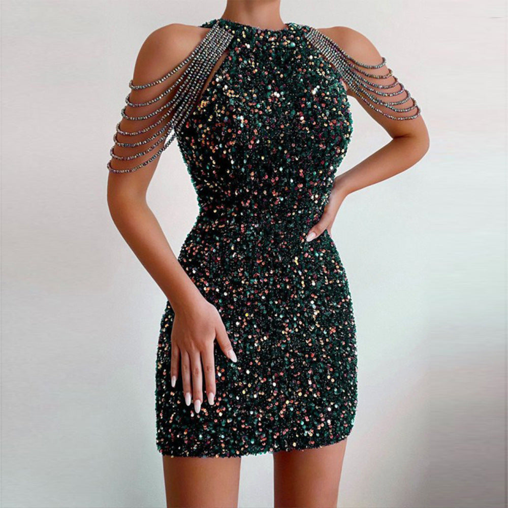 Women's mini dress with shiny sequin embellishment and elegant chain sleeves Lisslune