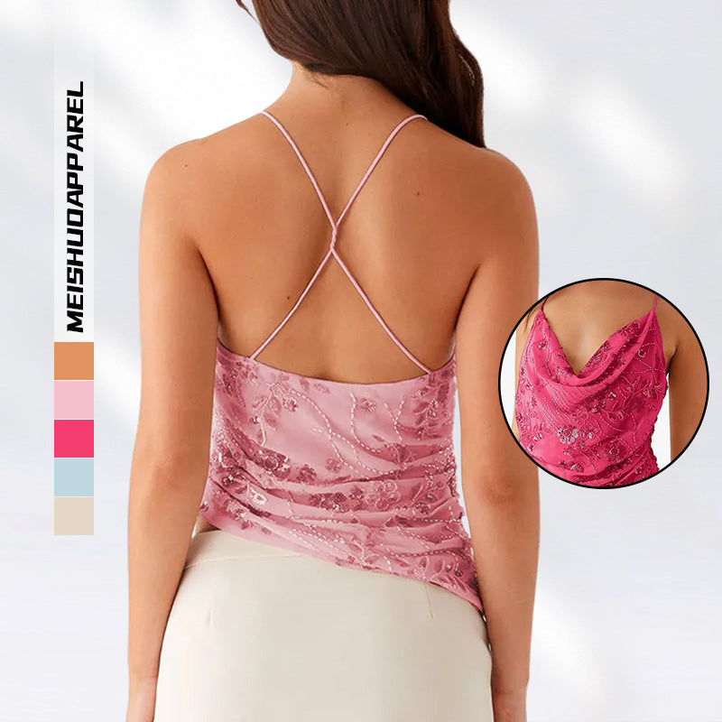 Women's Glamorous Top with Deep Waterfall Neckline and Sparkling Sequins