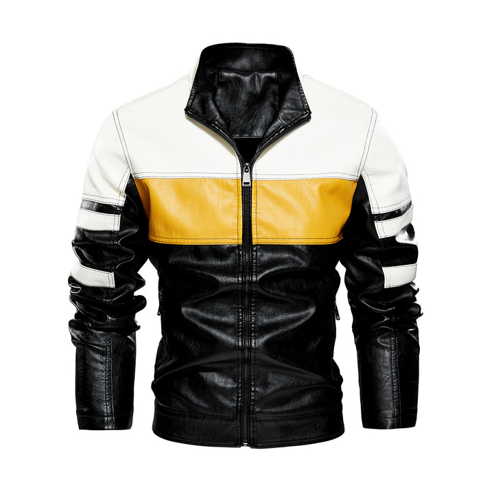 Men's fashionable biker jacket made of leather artificial with contrasting color panels Lisslune