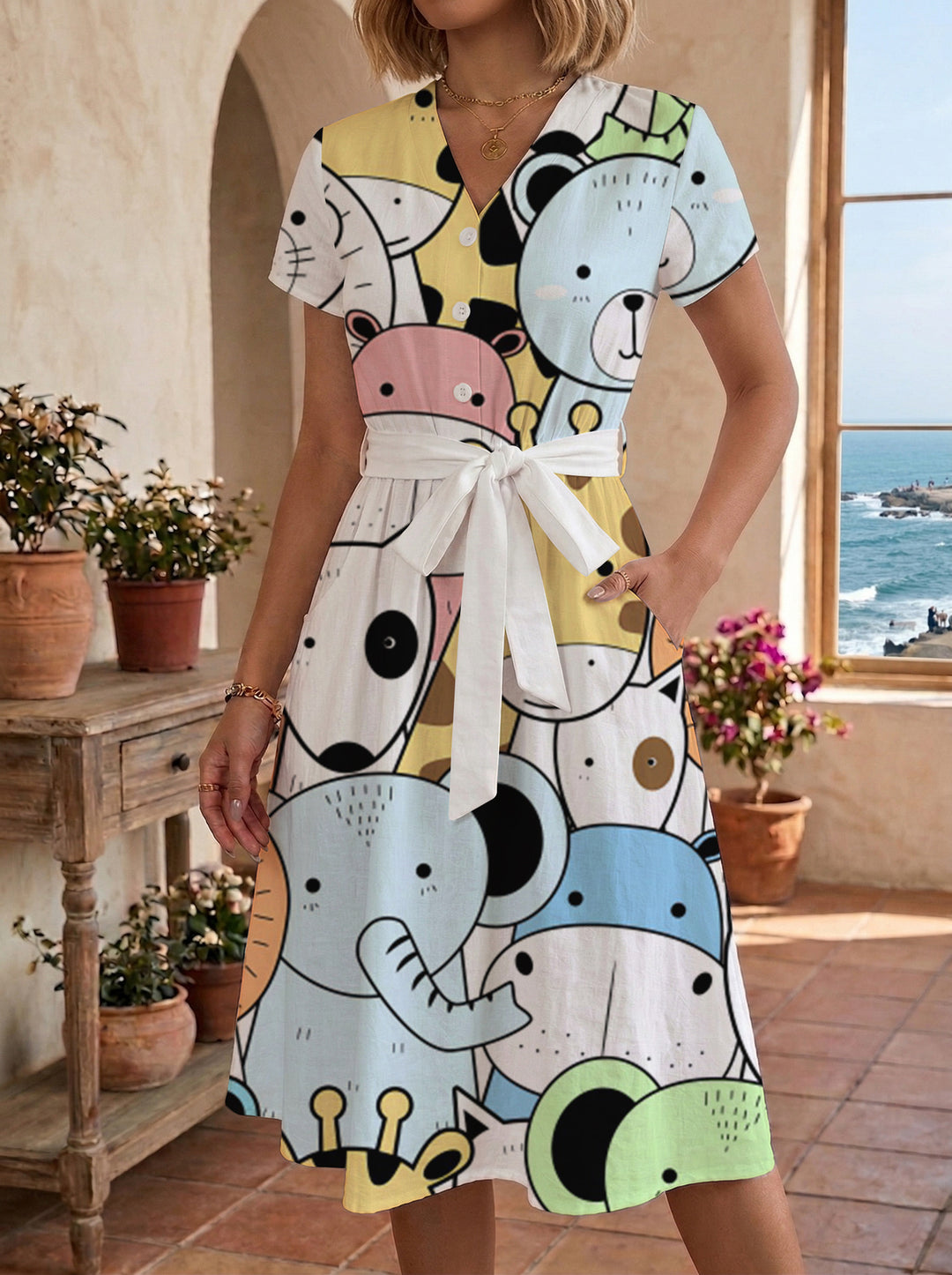Women's Blooming Midi Dress with Adjustable Belt and Artistic Print Lisslune