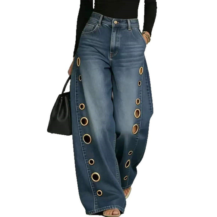 Women's Wide-Cut Jeans with Decorative Eyelets and High Waist Lisslune