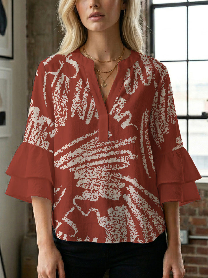 Ladies elegant blouse shirt with voluminous puff sleeves and graphic floral design Lisslune