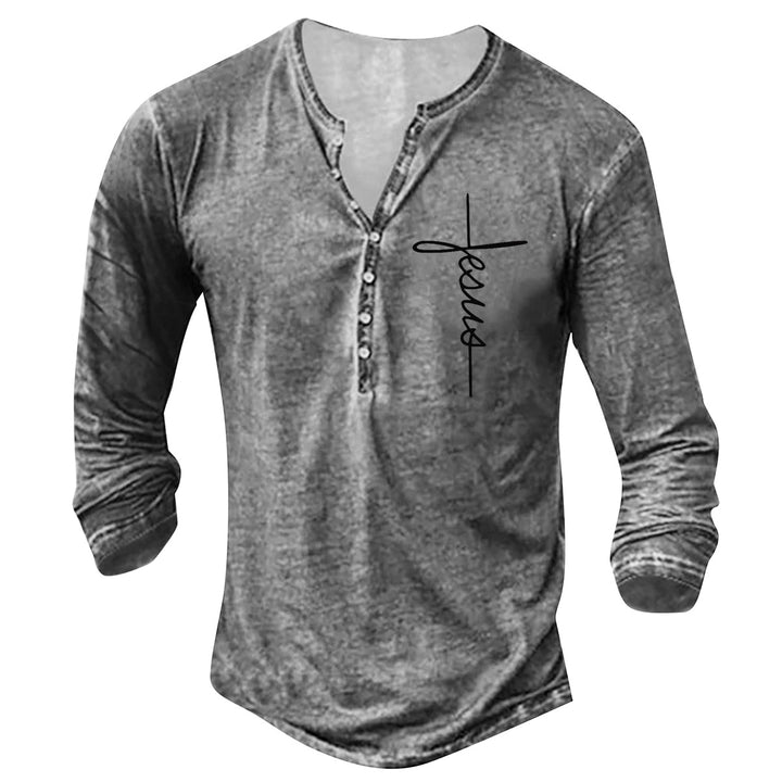Men's Long Sleeve Henley Shirt with Creative Graphic Print Lisslune