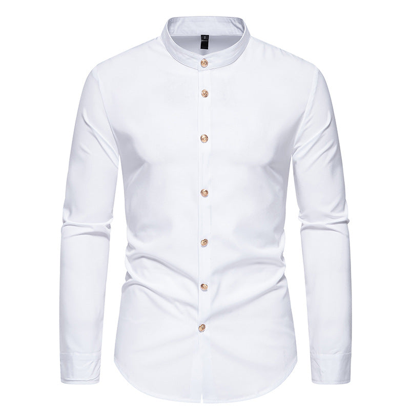 Men's long-sleeved shirt with modern standing collar and elegant button details Lisslune