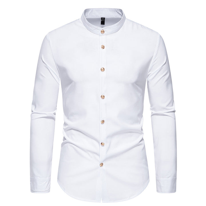 Men's long-sleeved shirt with modern standing collar and elegant button details Lisslune
