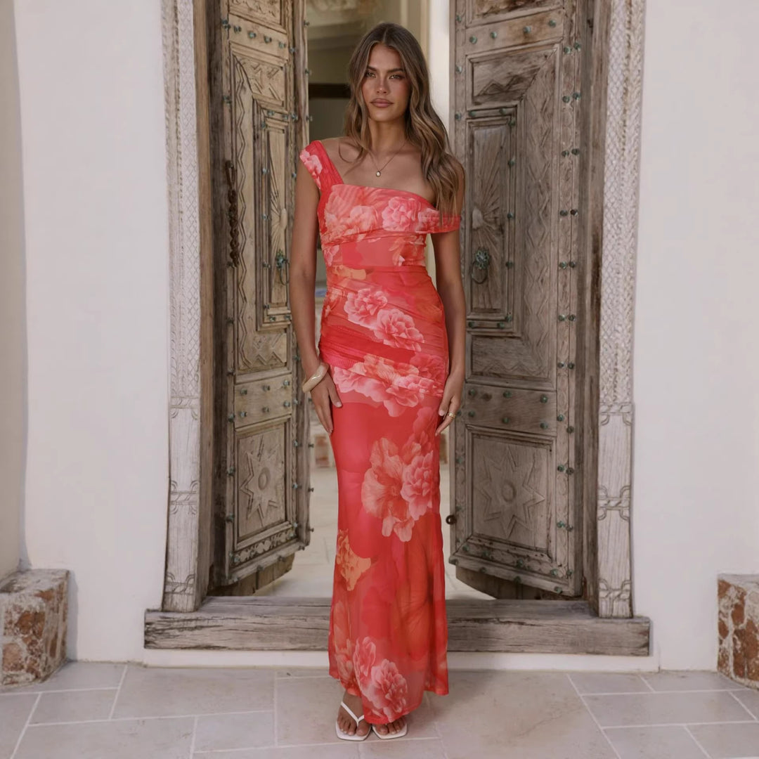 Women's wrap maxi dress with floral pattern and elegant chiffon fabric