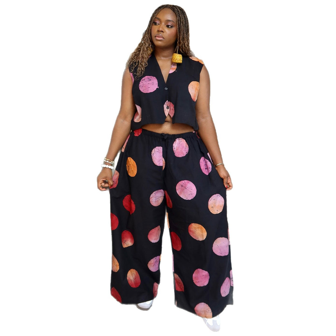 Ladies set with short-sleeved blouse and wide pants with polka dot design Lisslune