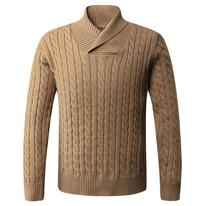 Men's chunky knit sweater with modern shawl collar and cable pattern Lisslune