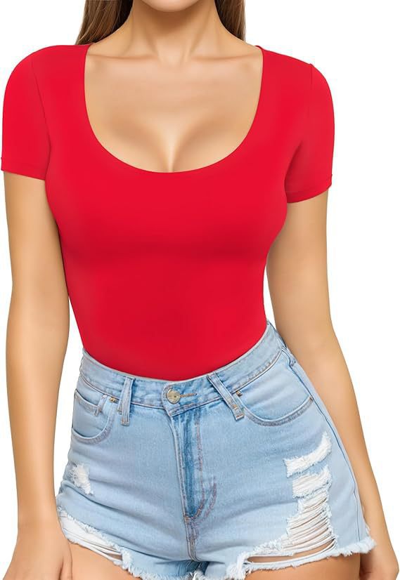 Damen figurbetontes Kurzarm-Body mit rundem Ausschnitt und nahtlosem Design Lisslune