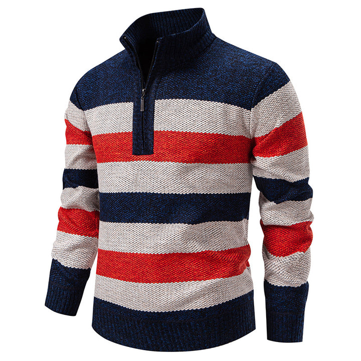 Men's stylish knit sweater with a half-high collar and contrasting stripes Lisslune