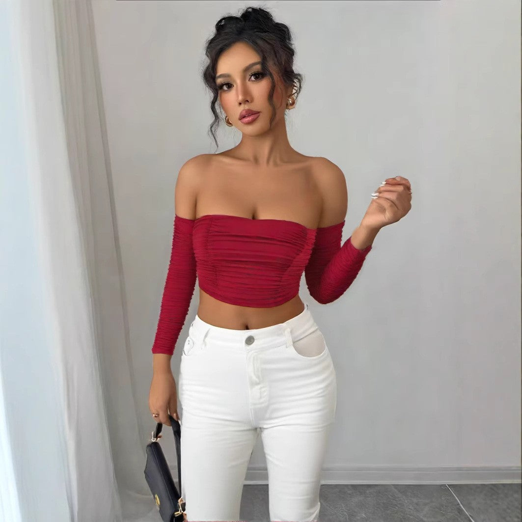 Damen Off-Shoulder Crop Top mit Faltenwurf Lisslune