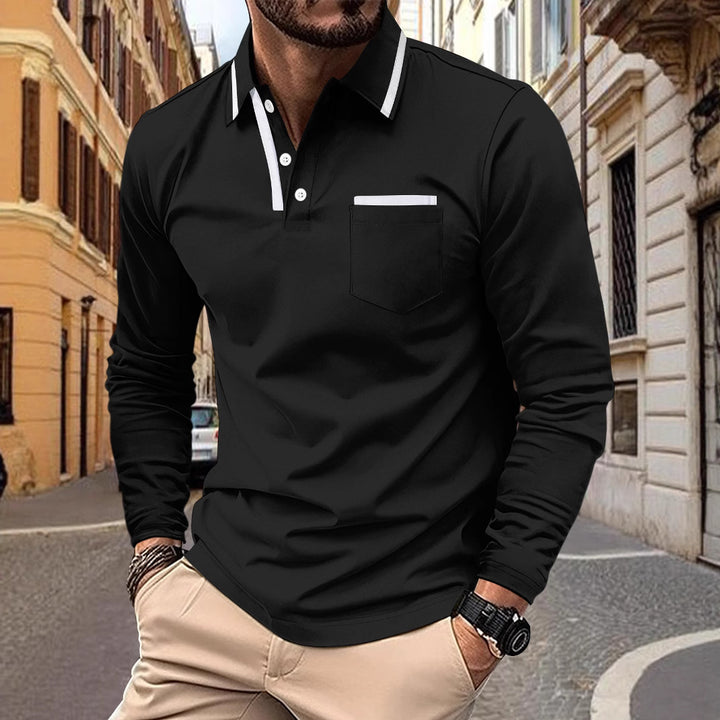 Men's Long Sleeve Polo Shirt with Elegant Contrast Details Lisslune