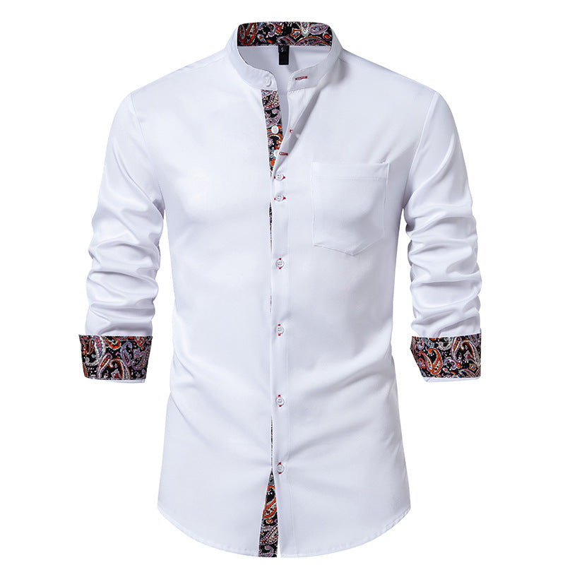 Men's Long Sleeve Shirt with Modern Stand-Up Collar and Paisley Pattern Lisslune