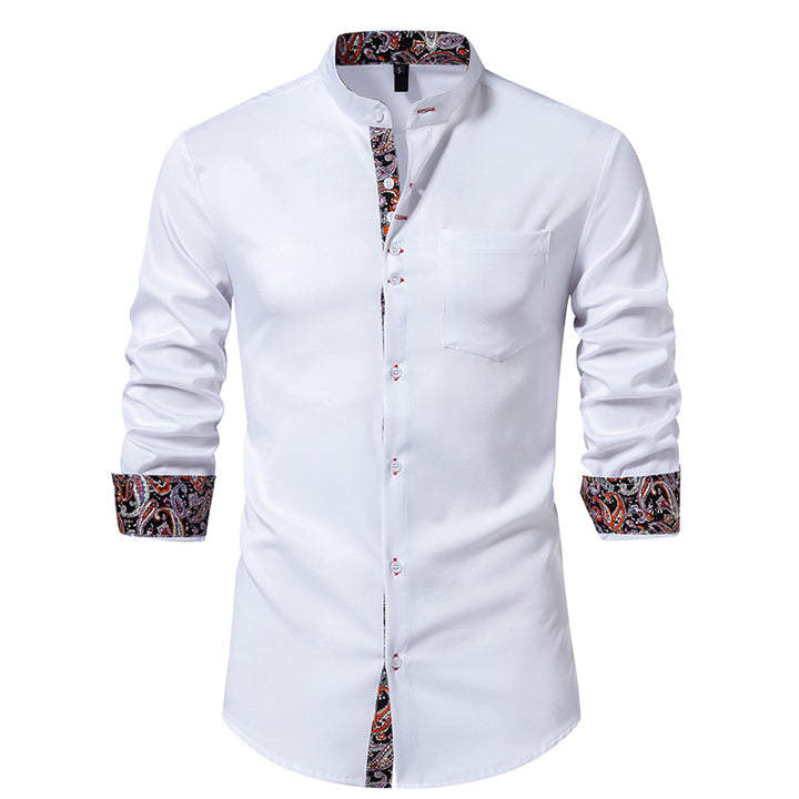 Men's Long Sleeve Shirt with Modern Stand-Up Collar and Paisley Pattern Lisslune