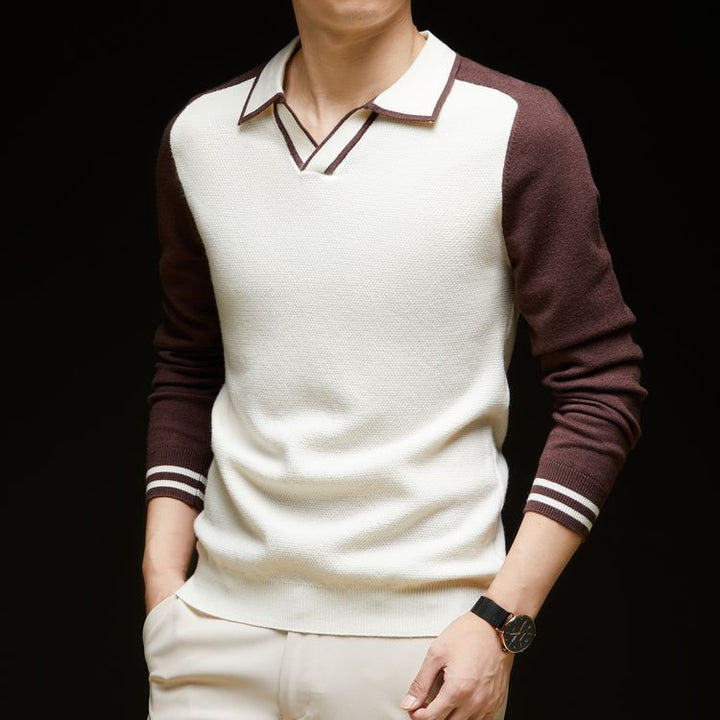 Men's fine-knit pullover with V-neck and fashionable contrast design Lisslune