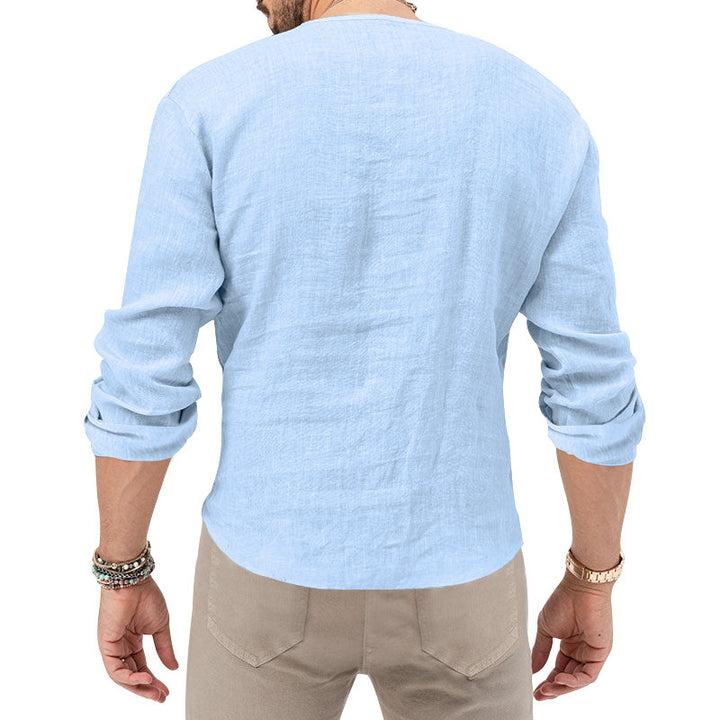 Men's Lightweight Linen Shirt with Deep V-Neck and Long Sleeves Lisslune