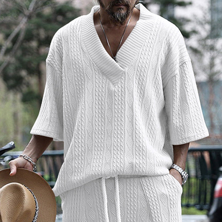 Men's casual knit sweater with V-neck and decorative cable pattern Lisslune