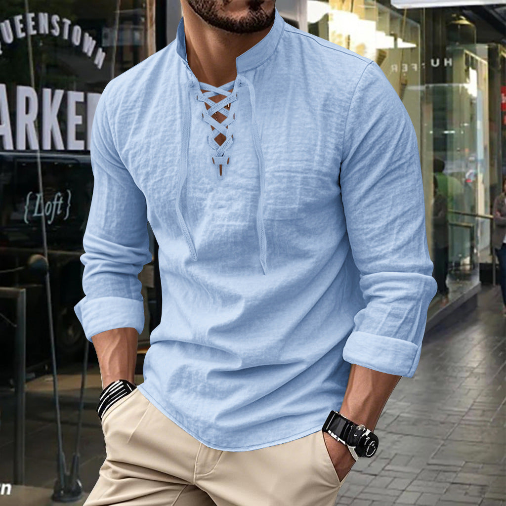 Men's long-sleeved shirt with trendy lacing and stand-up collar Lisslune