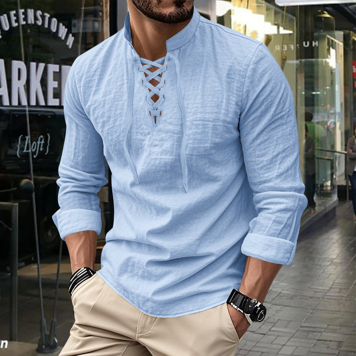 Men's long-sleeved shirt with trendy lacing and stand-up collar Lisslune