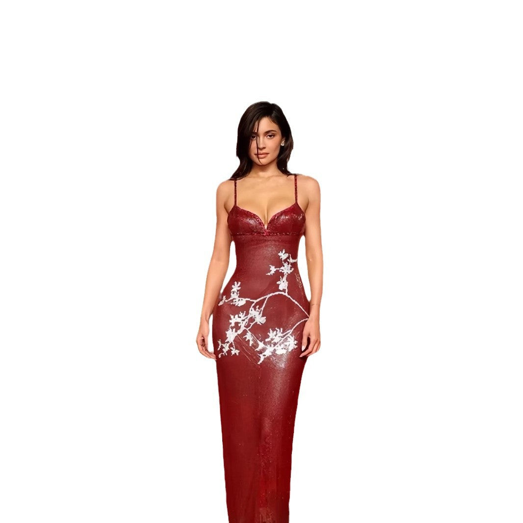 Women's elegant V-neck evening dress with floral embroidery and slim fit Lisslune