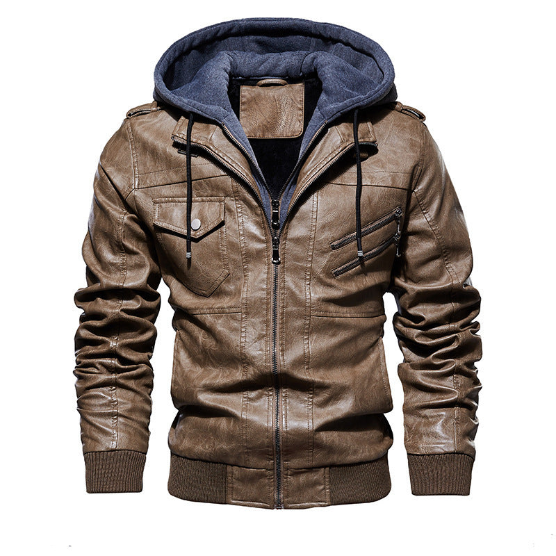 Men's Casual Synthetic Leather Jacket with Removable Hood and Numerous Pockets Lisslune