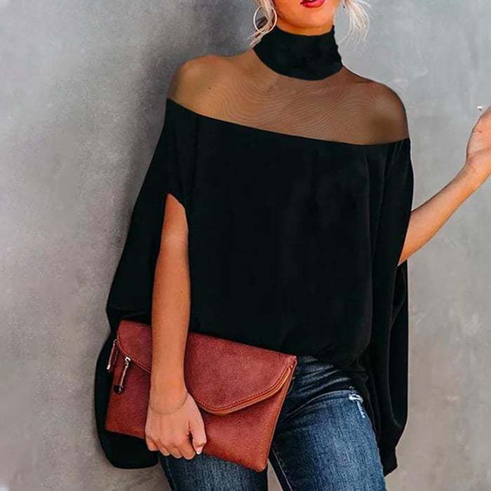 Women Fashion Tunic with Transparent Inserts and High Collar Lisslune