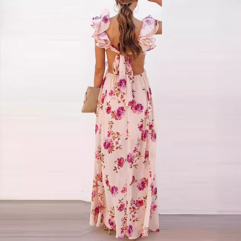 Women's Elegant Maxi Dress with Ruffle Details and Floral Design