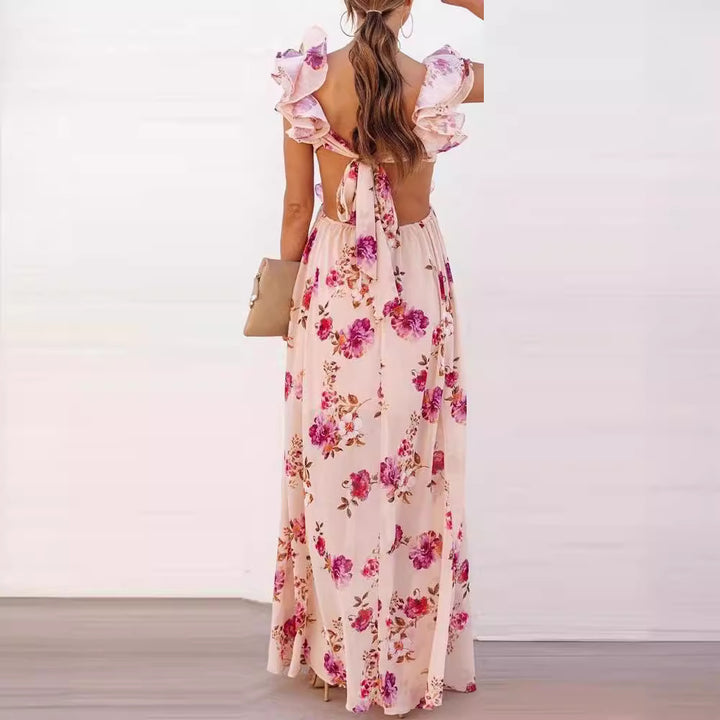 Women's Elegant Maxi Dress with Ruffle Details and Floral Design