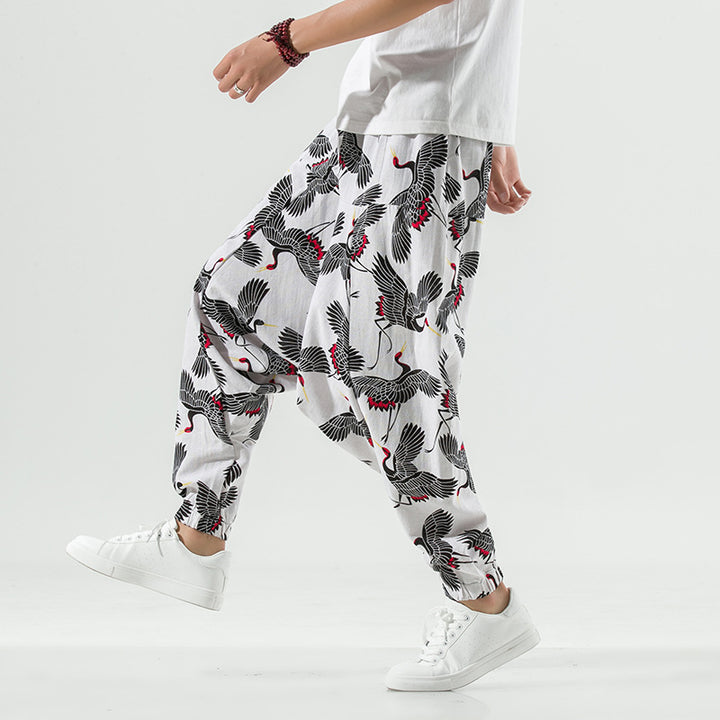 Men's casual and breathable harem pants with unique crane pattern Lisslune