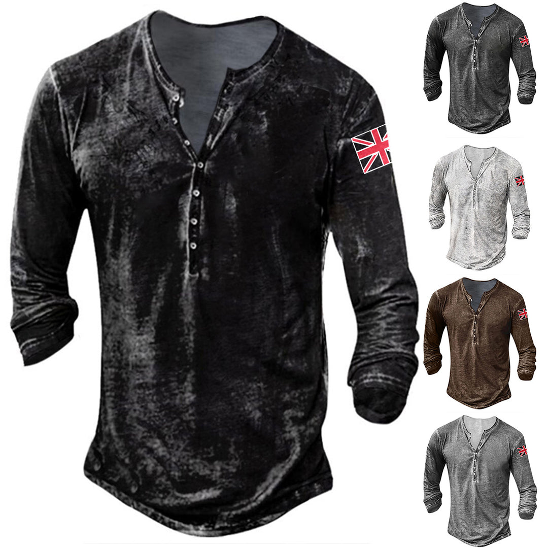 Men's fashionable long sleeve shirt with button placket and flag applique Lisslune