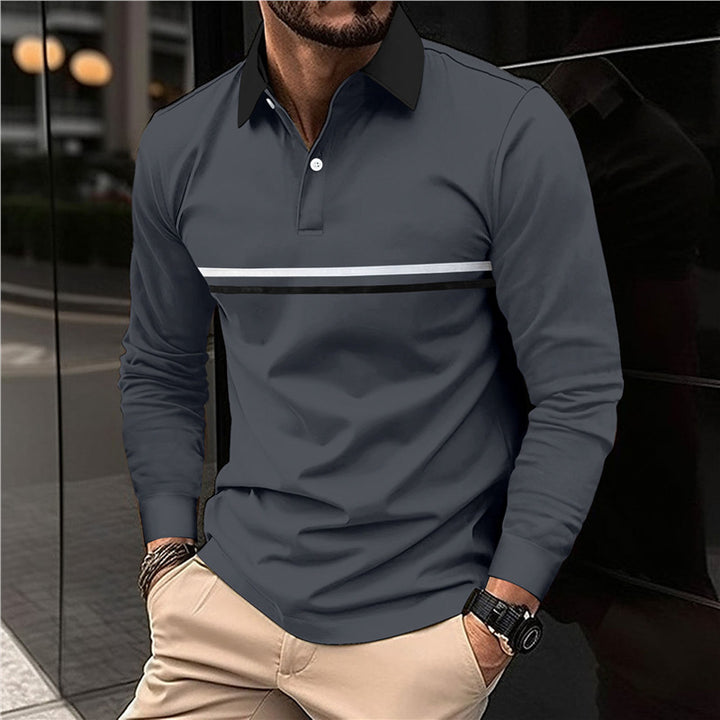Men's Long Sleeve Polo Shirt with Modern Stripe Pattern Lisslune