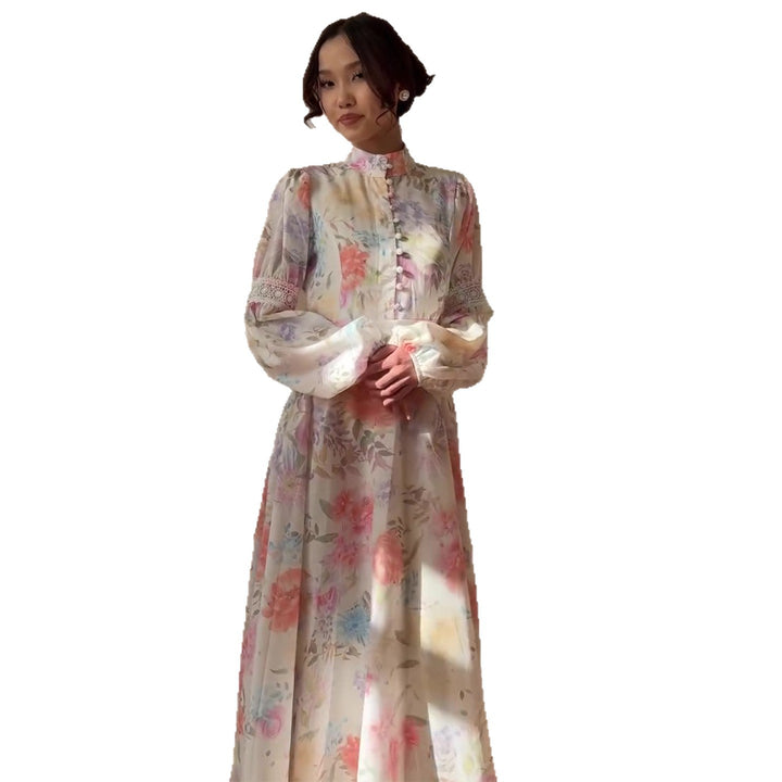 Women’s maxi dress with fine floral pattern and elegant puff sleeves Lisslune