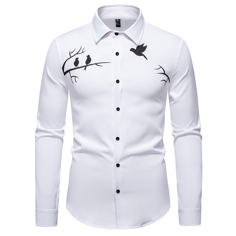 Men's Long Sleeve Shirt with Artistic Bird Motif Lisslune
