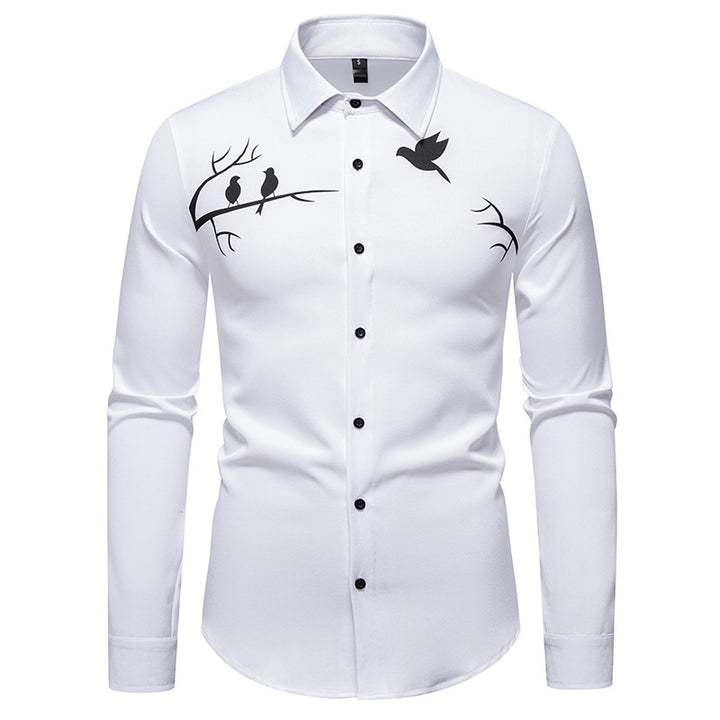 Men's Long Sleeve Shirt with Artistic Bird Motif Lisslune