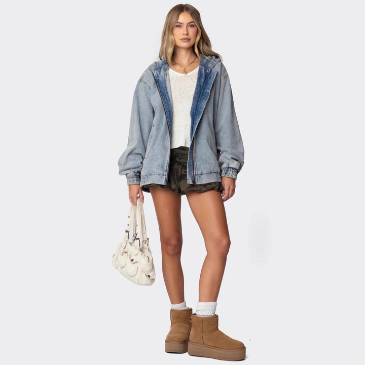 Damen Oversized Denimjacke mit Kapuze und elastischen Bündchen Lisslune