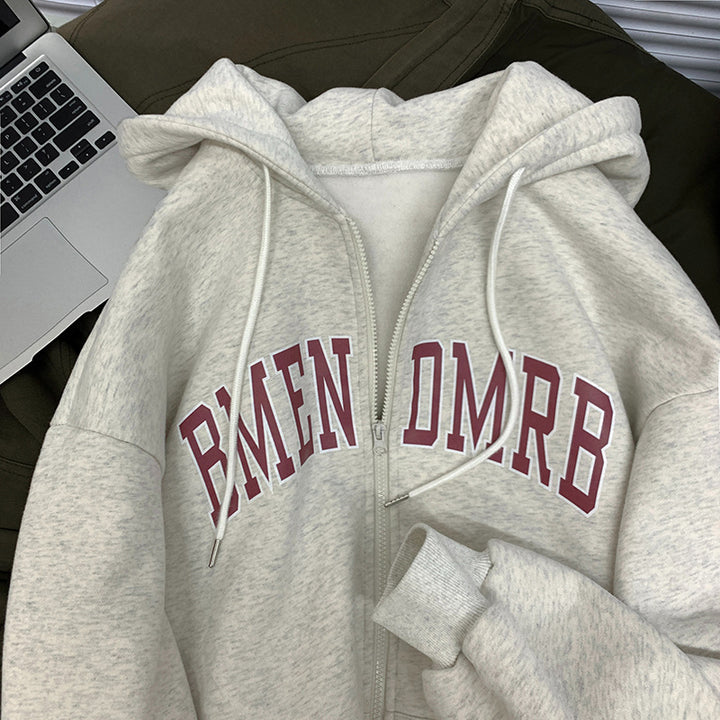 Women's hooded jacket with full-length zipper and trendy print Lisslune