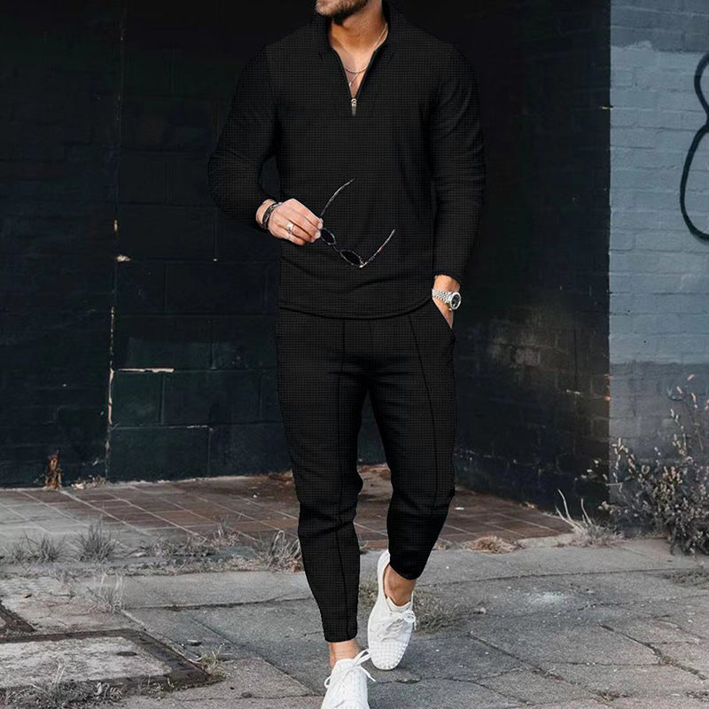 Men's sporty set with modern stand-up collar and fine check pattern Lisslune