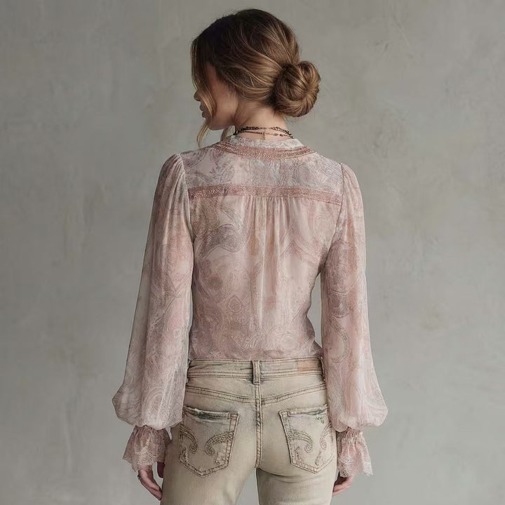 Ladies transparent blouse with voluminous sleeves and modern pattern Lisslune